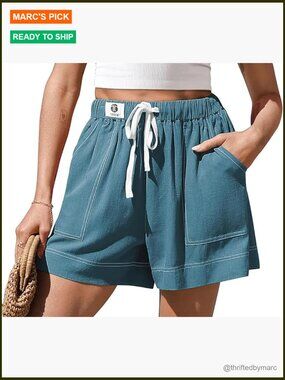 Linen Blend High Waisted Wide Leg Shorts with Pockets Drawstring Casual